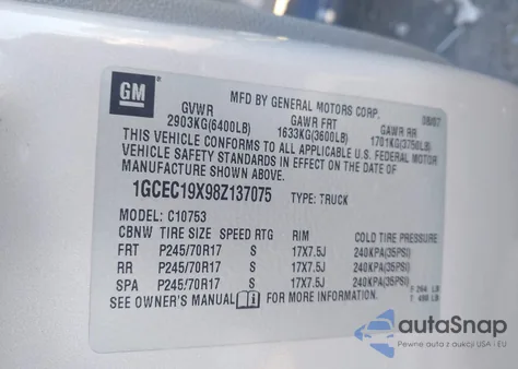 2008 Chevrolet Silverado 1500 Work Truck из США, поврежденный, VIN 1GCEC19X98Z137075